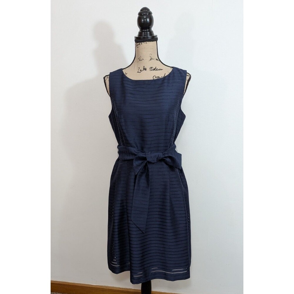 NWT ANNE KLEIN Navy Blue Sleeveless Dress Striped Textured Lined Belted Size 10